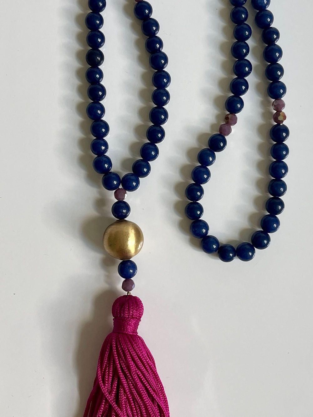 Navy Beaded Necklace with Magenta Tassel and Gold Accent